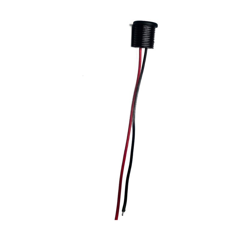 Sample LED harness: black cylindrical threaded housing with red and black pigtail leads — reference sample, actual product built to your spec